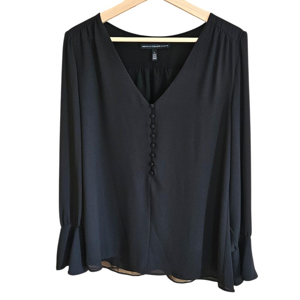 White House Black Market Women’s Blouse Button Front Ruffle Sleeve Black Large